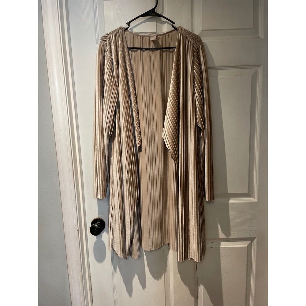 Chico's Pleated Open Front Cardigan Champagne Tan Duster Size 3 XL 16/18